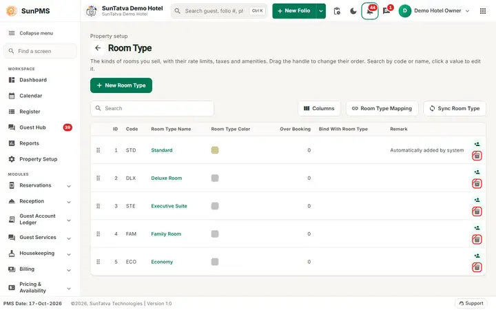 Room Type list with code, colour, over booking and remark columns and the New Room Type button
