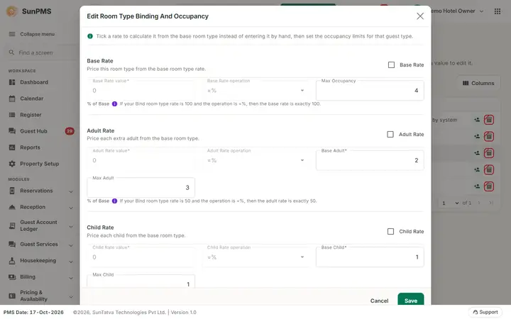 Room Type Binding And Occupancy: occ2 dialog