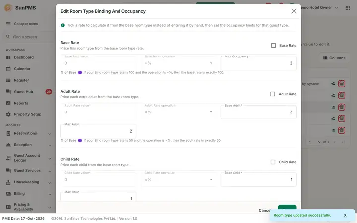 Room Type Binding And Occupancy: occ2 suite saved
