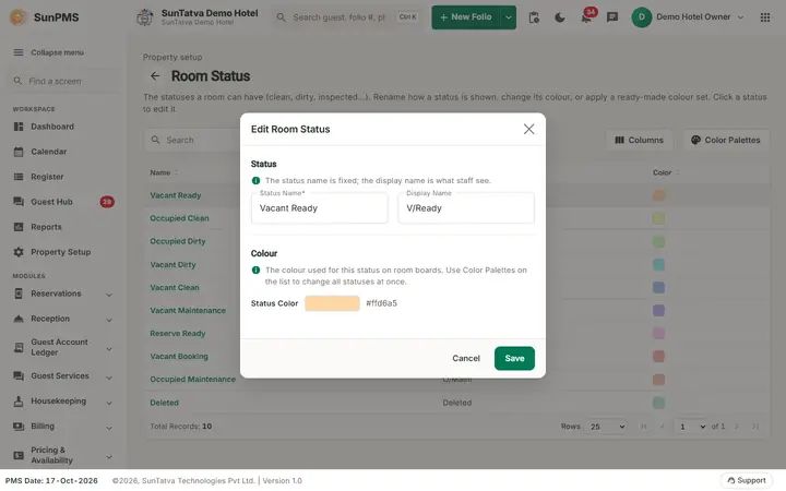 Room Status Setup: rstatus dialog