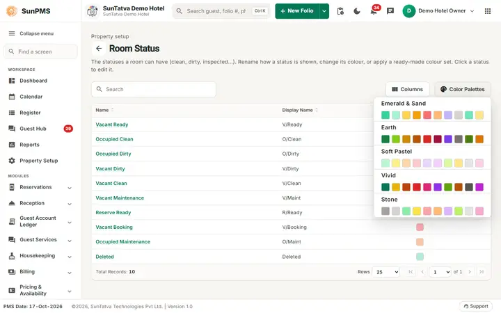 Room Status Setup: rstatus palettes
