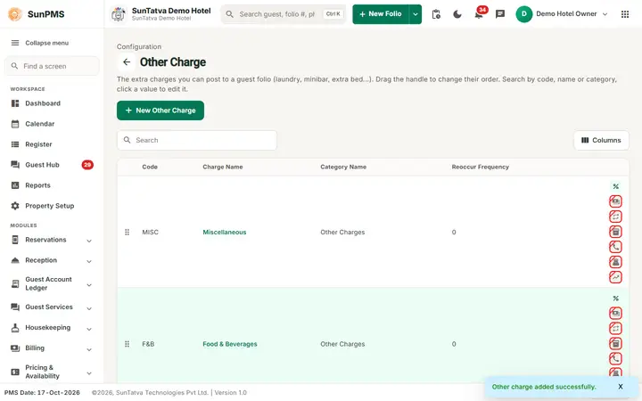Other Charges: ocharge list after
