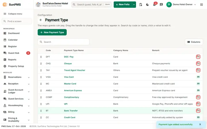 Payment Type: paytype list after