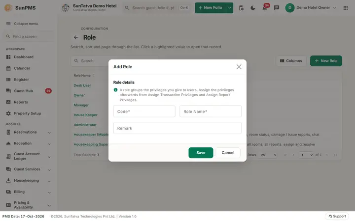 Roles & Privileges: roles dialog
