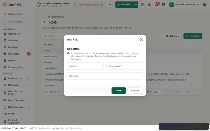 Roles & Privileges: roles message