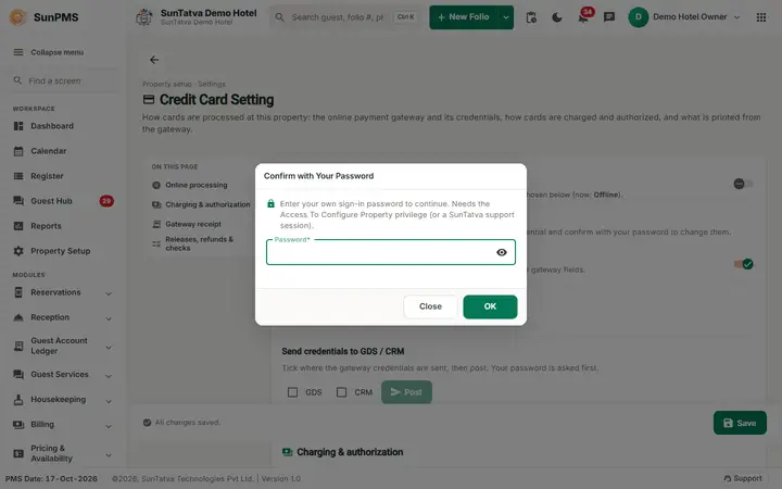 Credit Card Setting: cc verify password
