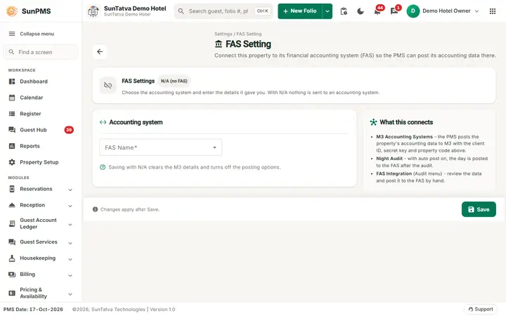 FAS Integration and FAS Settings: fAS Setting with the FAS Name list and the What this connects panel