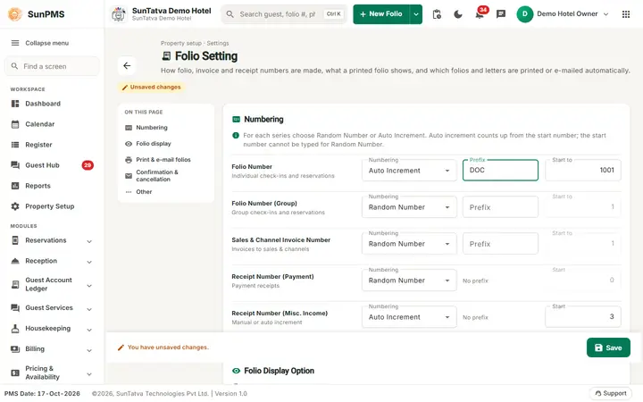 Folio Setting: folio auto increment