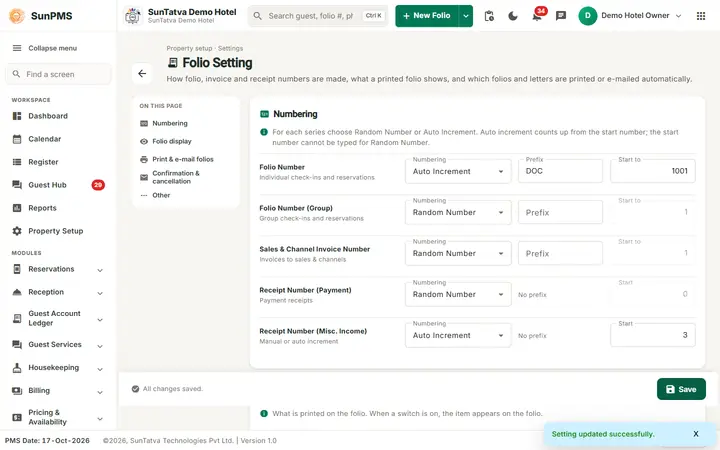 Folio Setting: folio saved