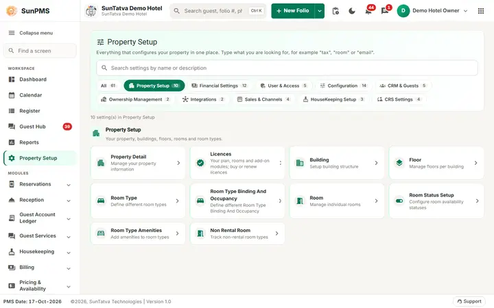 Settings overview: property Setup hub with the category tabs, the search box and one card per setting