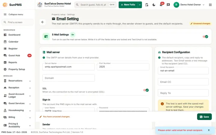 Email Setting: mail validation