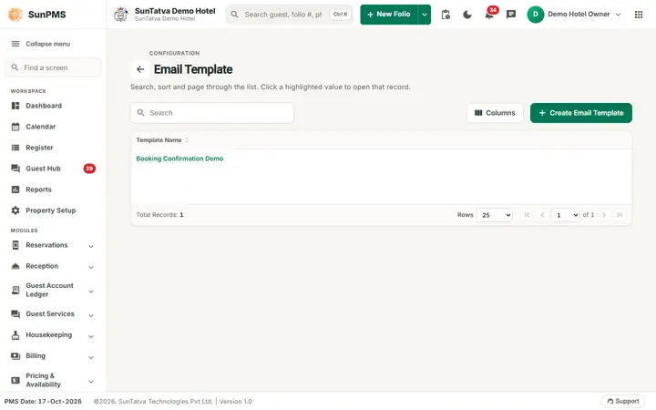 Email Setting: mail template list