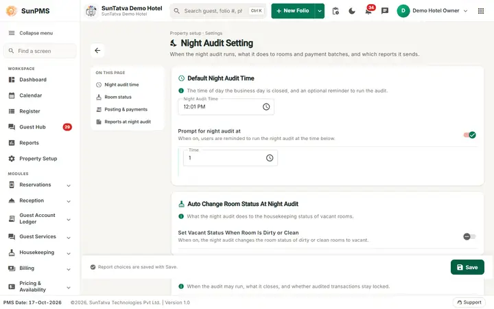 Night Audit Setting: na reports