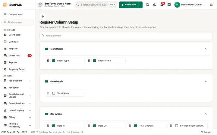 Register Settings (Register Column Setup): reg setup