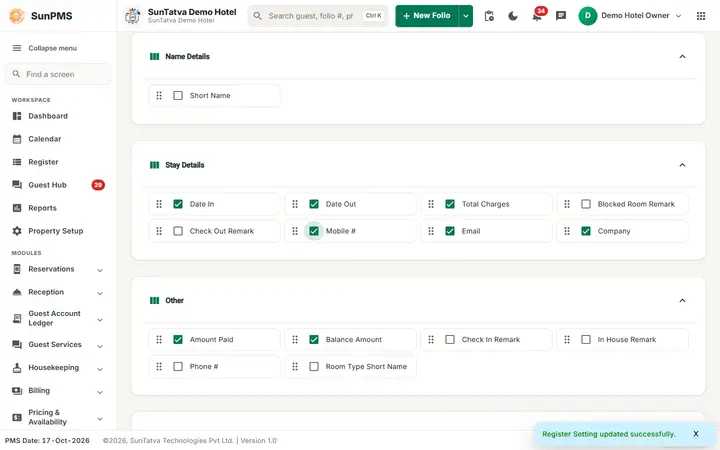 Register Settings (Register Column Setup): reg ticked
