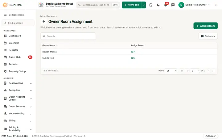 Owner Room Assignment: assign list