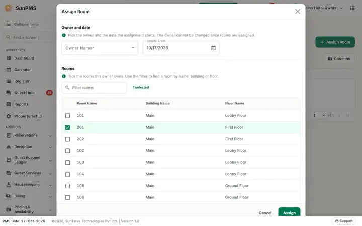 Owner Room Assignment: assignfix selected