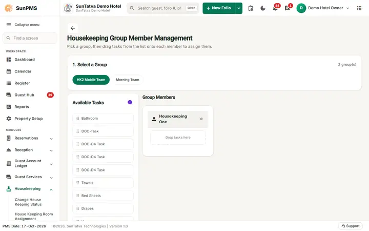 House Keeping Member Assignment: housekeeping Group Member Management: pick a group, drag tasks onto a member