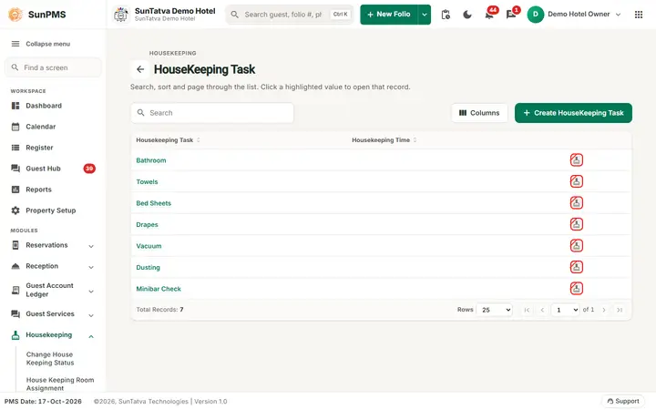 HouseKeeping Task list with the Create HouseKeeping Task button