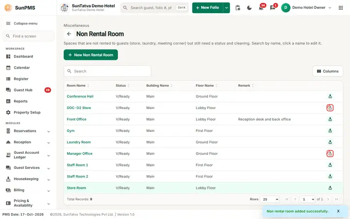 Non Rental Room: nonrental list after
