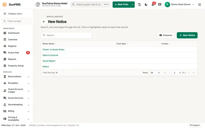 Notice Setup: notice list