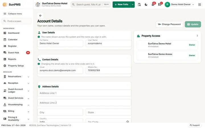 User profile (Account Details): account Details with user details, contact details, address and the property access list