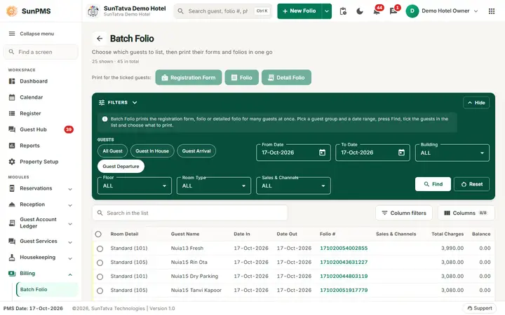 Search-first list screens (filters, columns, paging): batch Folio: guest group chips and filters on top, the guest grid with tick boxes below