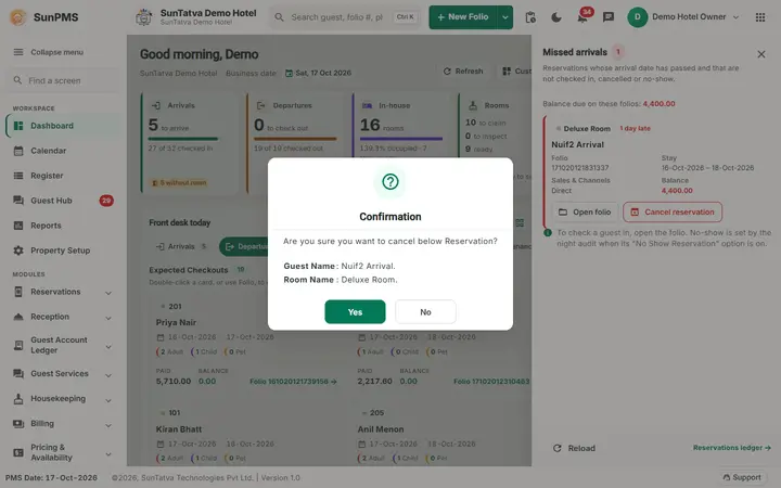 Customize the dashboard and work the missed arrivals: dashboard missed arrivals cancel