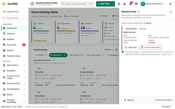 Customize the dashboard and work the missed arrivals: dashboard missed arrivals drawer
