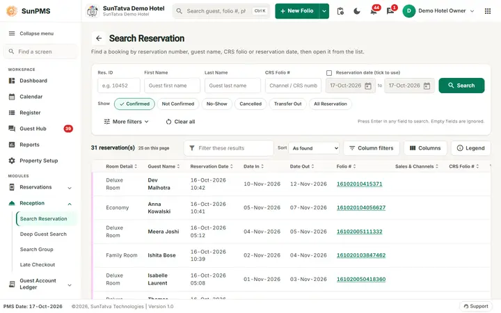 Search-first list screens (filters, columns, paging): search Reservation: fields and the Show chips on top, the result grid below