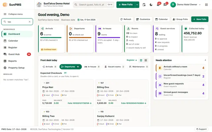 Sidebar menu: left menu with Find a screen filled in with the word tax