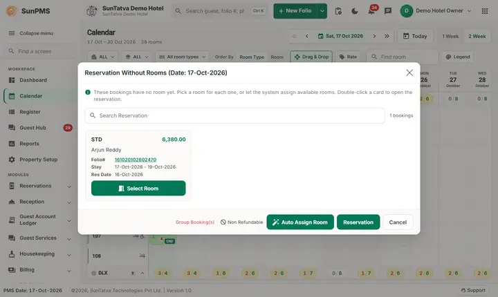 Booking Transactions - Reservations Without Rooms: calendar