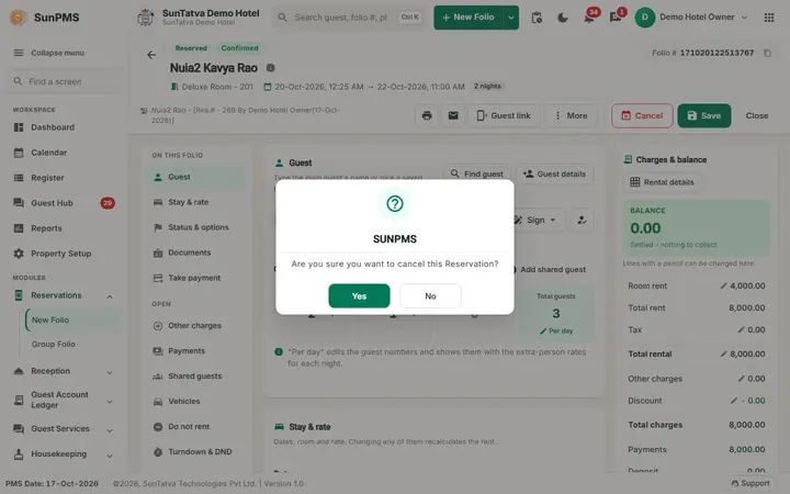 Cancelling a Reservation and No-Show: cancel confirm