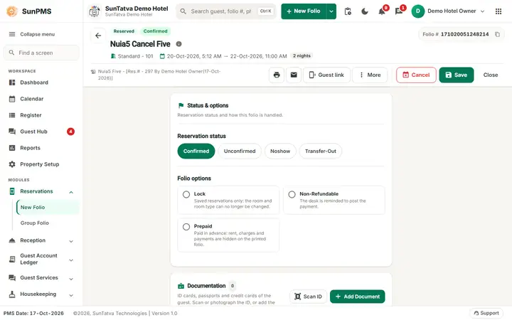 Cancelling a Reservation and No-Show: cancel noshow folio
