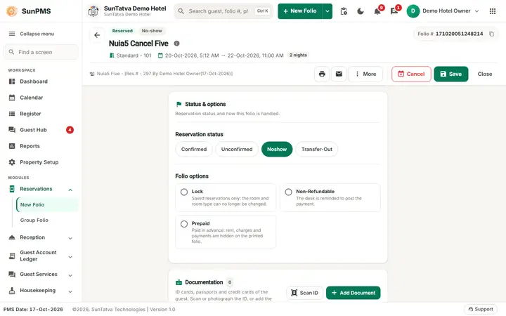 Cancelling a Reservation and No-Show: cancel noshow chip