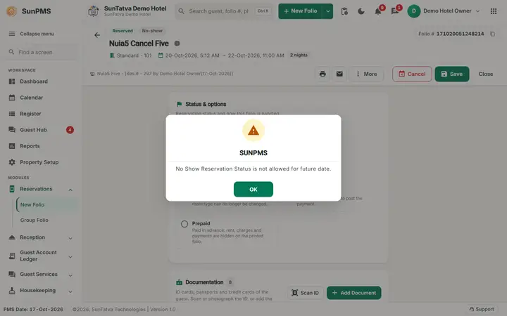 Cancelling a Reservation and No-Show: cancel noshow saved