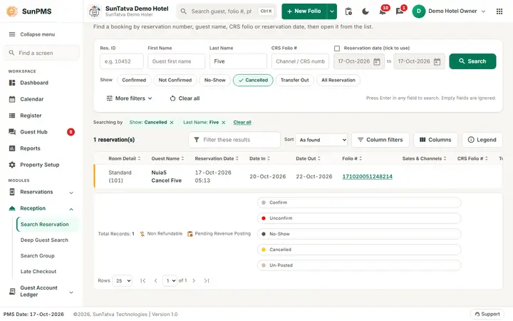 Cancelling a Reservation and No-Show: cancel cancelled list