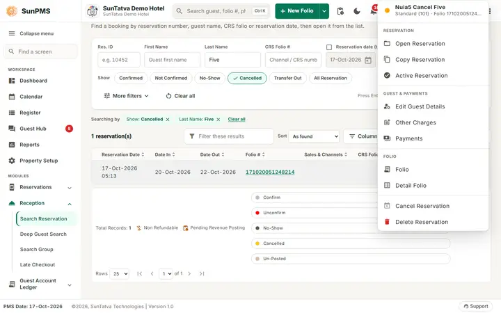Cancelling a Reservation and No-Show: cancel row menu