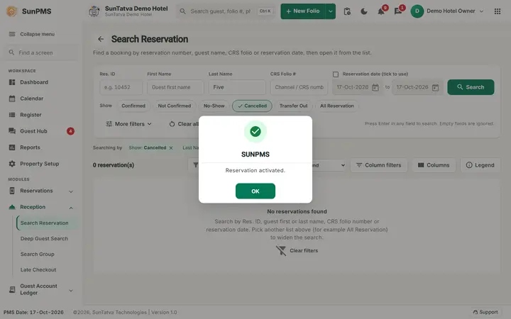 Cancelling a Reservation and No-Show: cancel activated