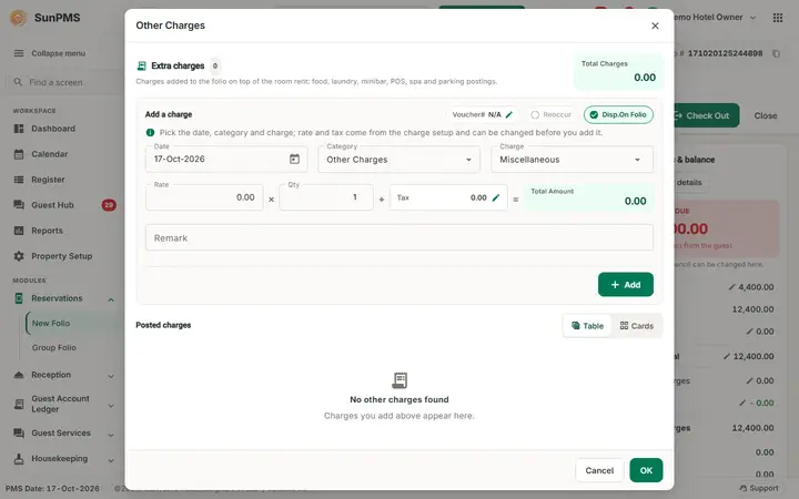 Folio - Other Charges: charges dialog