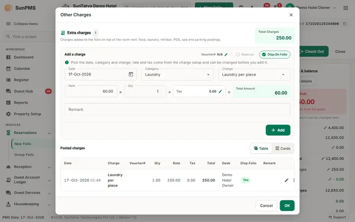 Folio - Other Charges: charges laundry added