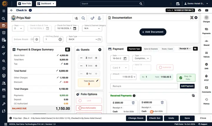 Folio - Other Charges: charges summary