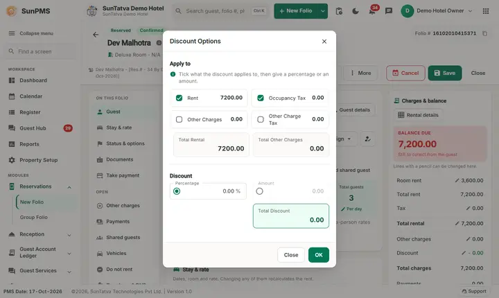 Folio - Other Charges: charges discount dialog