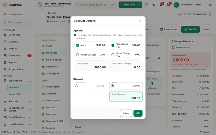 Folio - Other Charges: charges discount amount