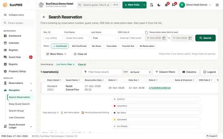 Checking in a Reservation: checkin search results