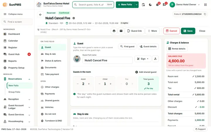 Checking in a Reservation: checkin folio open
