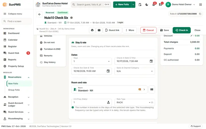 Checking in a Reservation: checkin room assigned