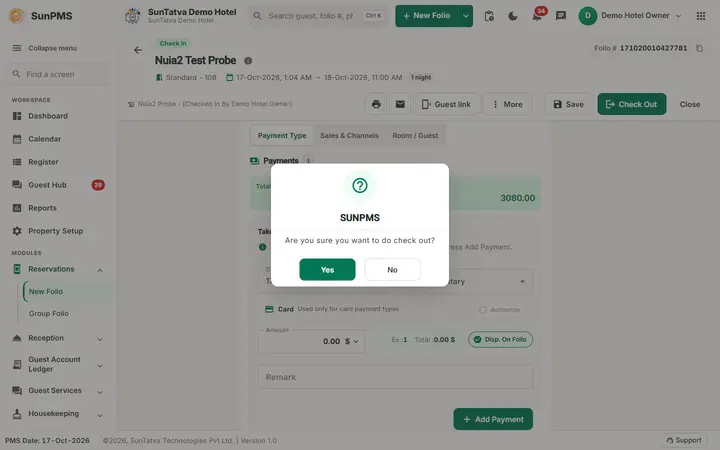 Check-out, Settlement and Invoice Printing: checkout confirm