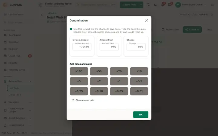 Payment Denomination: denomination window opened after a cash payment, with Amount Paid, Invoice Amount, Change and the note buttons