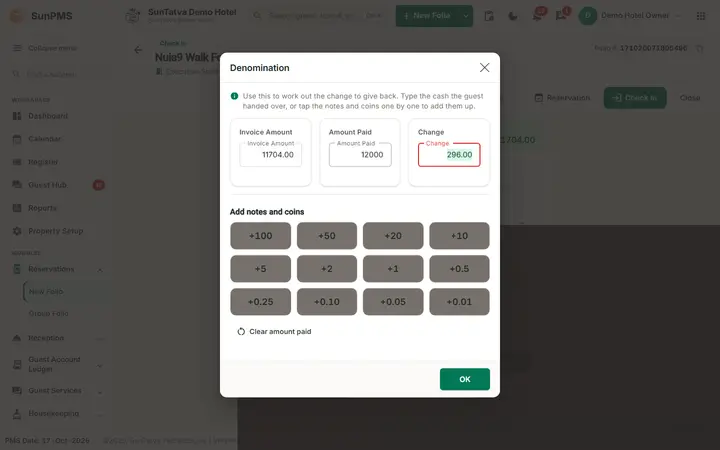 Payment Denomination: denomination window with Amount Paid filled in and the Change worked out